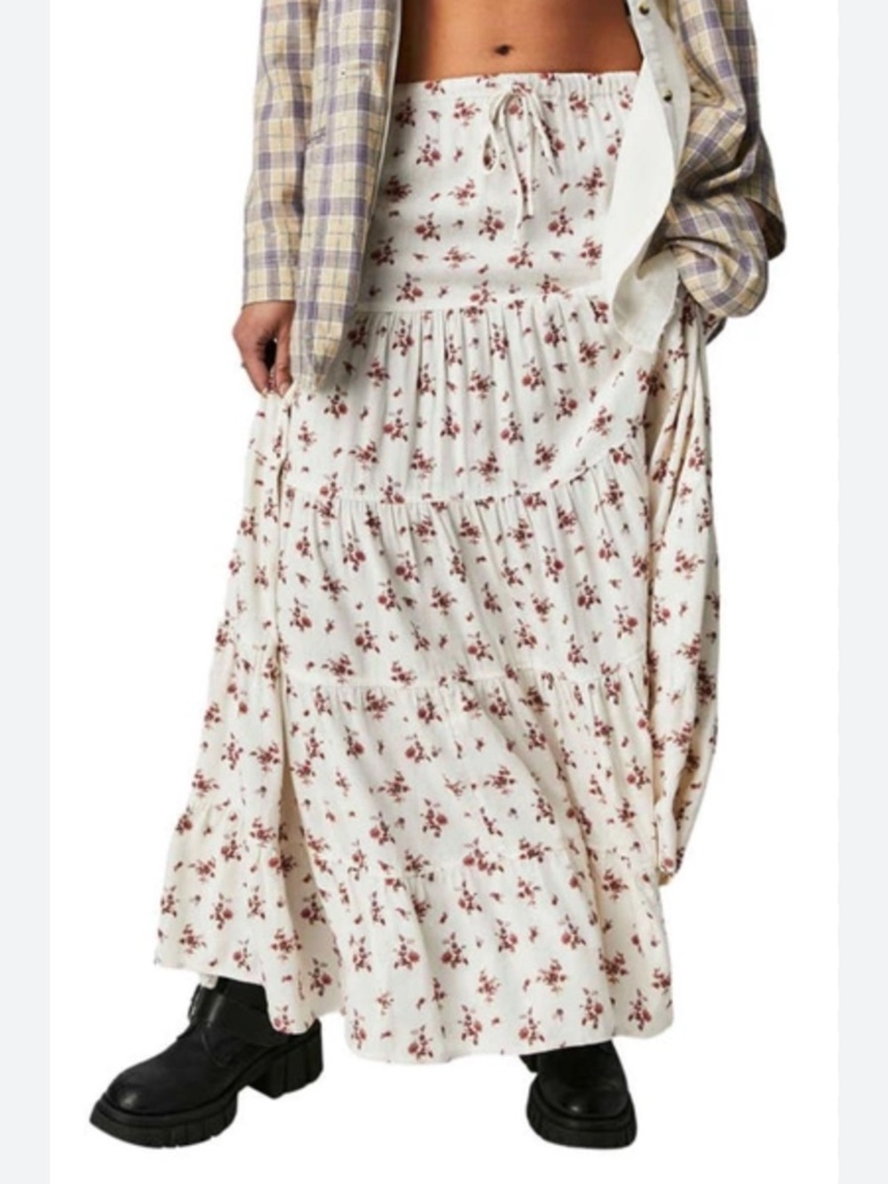 Free People Ivory Maxi Skirt with Red Floral Print